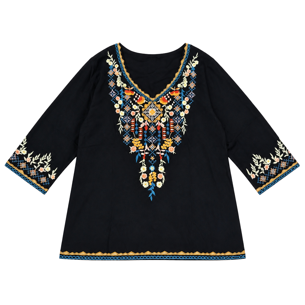 AK Floral Embroidered Bohemian 3/4 Sleeve V-Neck Blouse 1