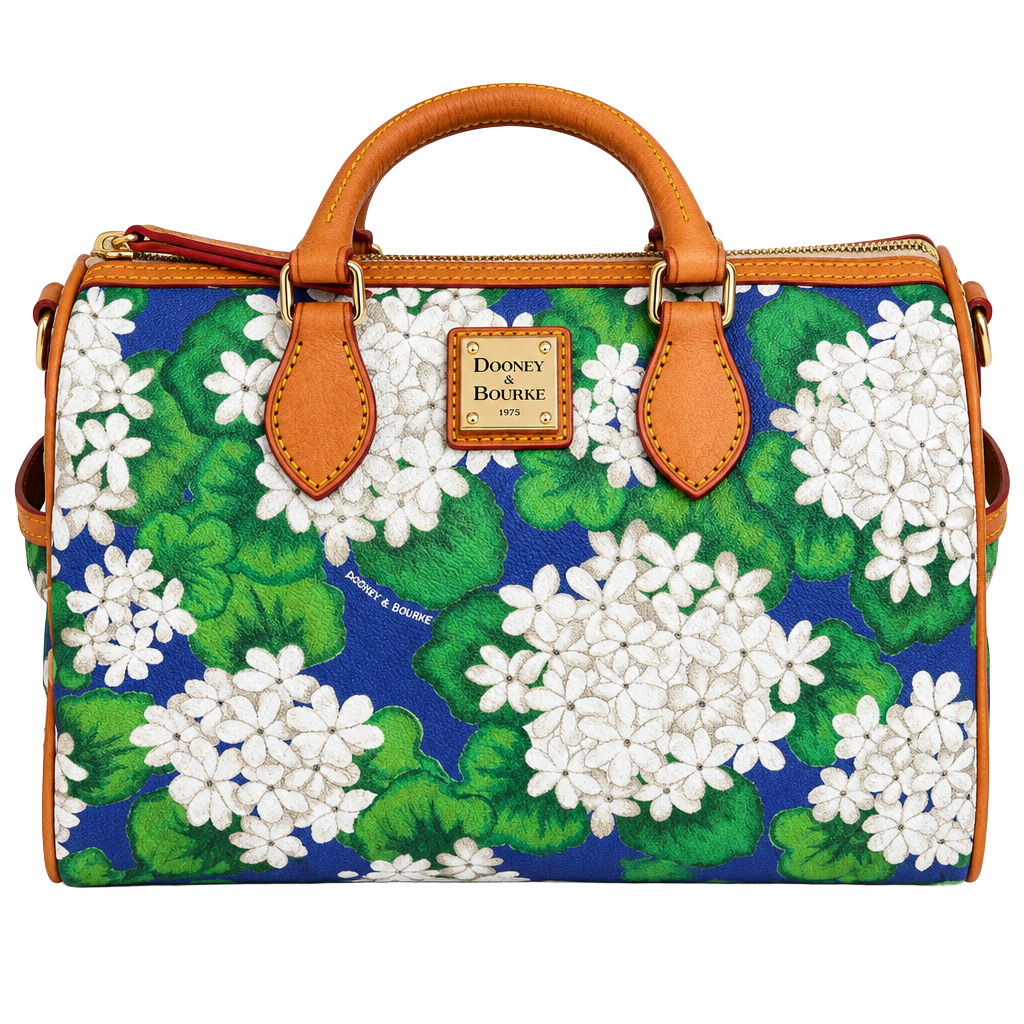 Dooney & Bourke Hydrangea Barrel Satchel Blue Green Floral Leather Bag 1