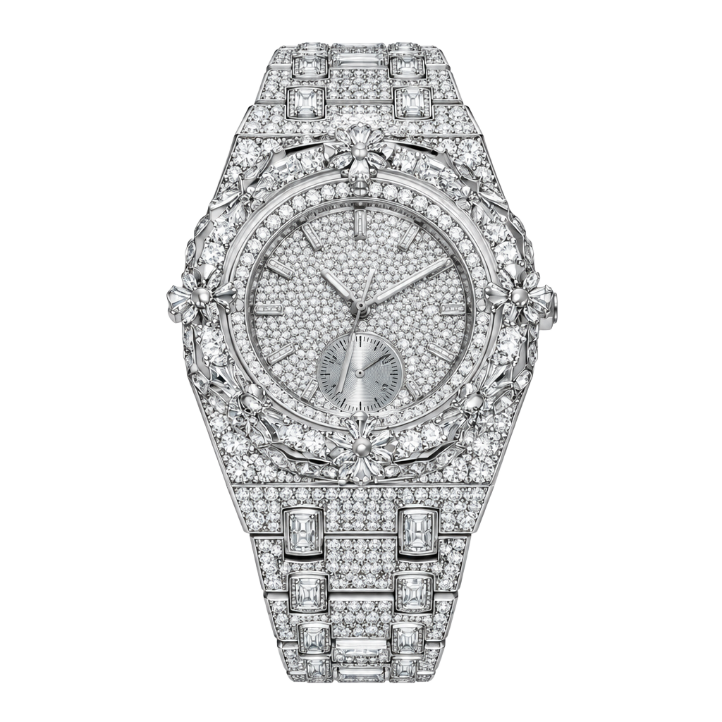 Silver Iced Out Rhinestone Fashion Watch – Floral Bezel 1