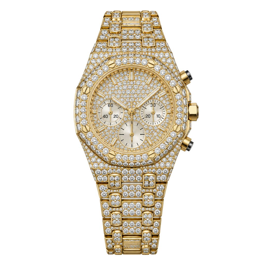 Gold-Tone Iced Out Rhinestone Fashion Watch – Floral Bezel 1