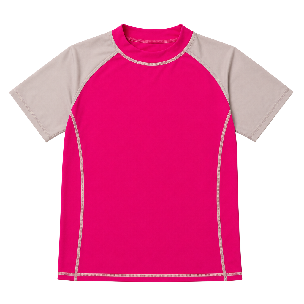 Coastalista Girls Short Sleeve Rash Guard Swim Shirt Hot Pink and Gray 1