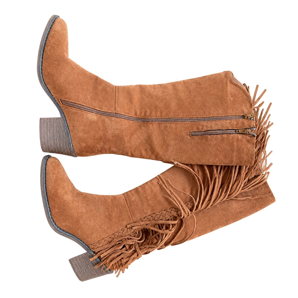 Tan Faux Suede Fringe Knee-High Boots with Block Heel and Side Zipper 1
