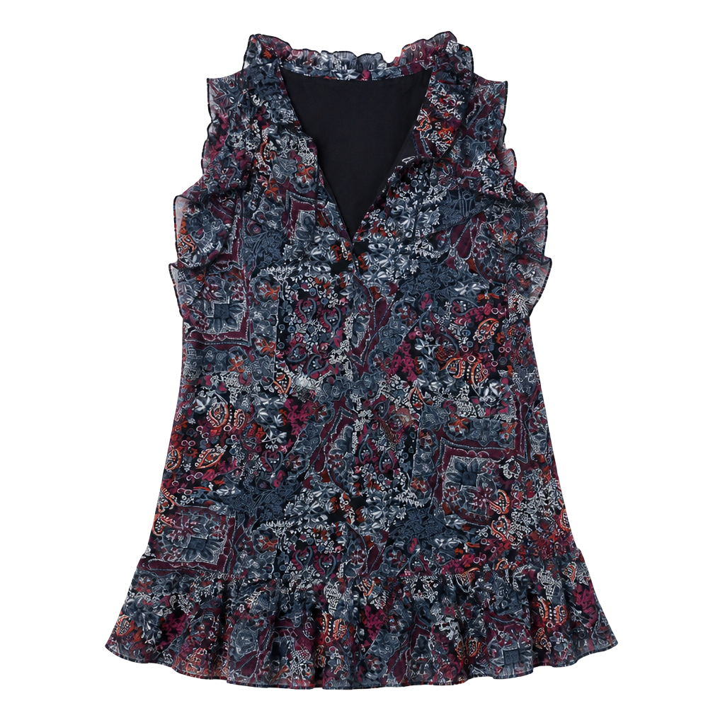 Libby Edelman Boho Paisley Floral Ruffle Trim Sleeveless Top 1