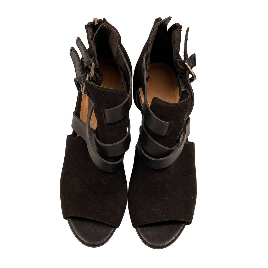 Black Faux Suede Strappy Peep Toe Block Heel Booties 1