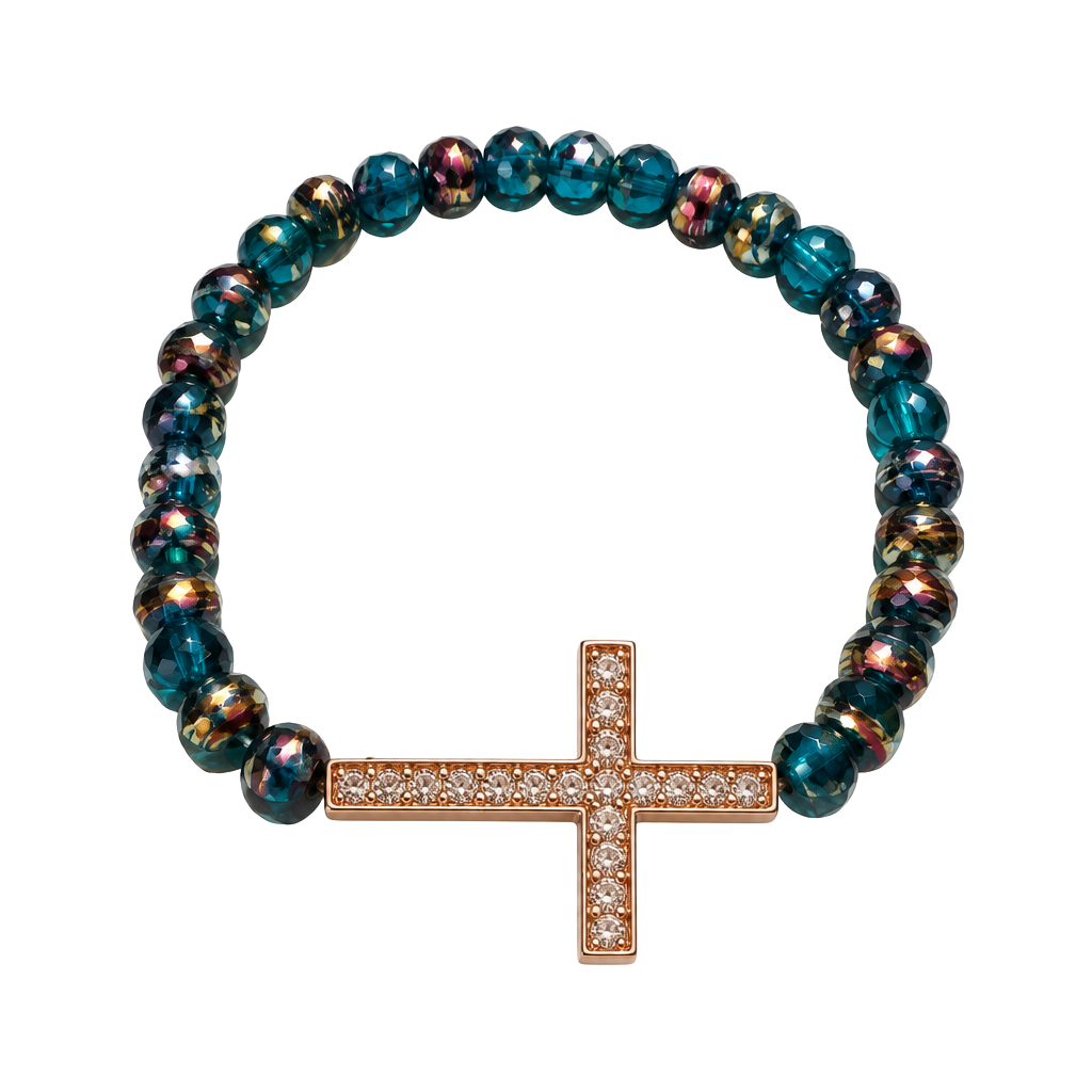Beaded Cross Stretch Bracelet Blue and Rose Gold 1