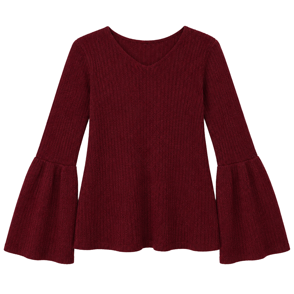 loveriche Ribbed Knit Bell Sleeve Sweater Size M Wine Red 1