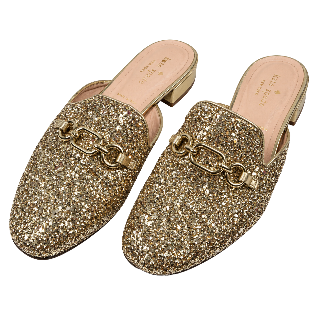 Kate Spade Glendi Mules Size 8 M Gold Glitter Chain Loafer Shoes 1