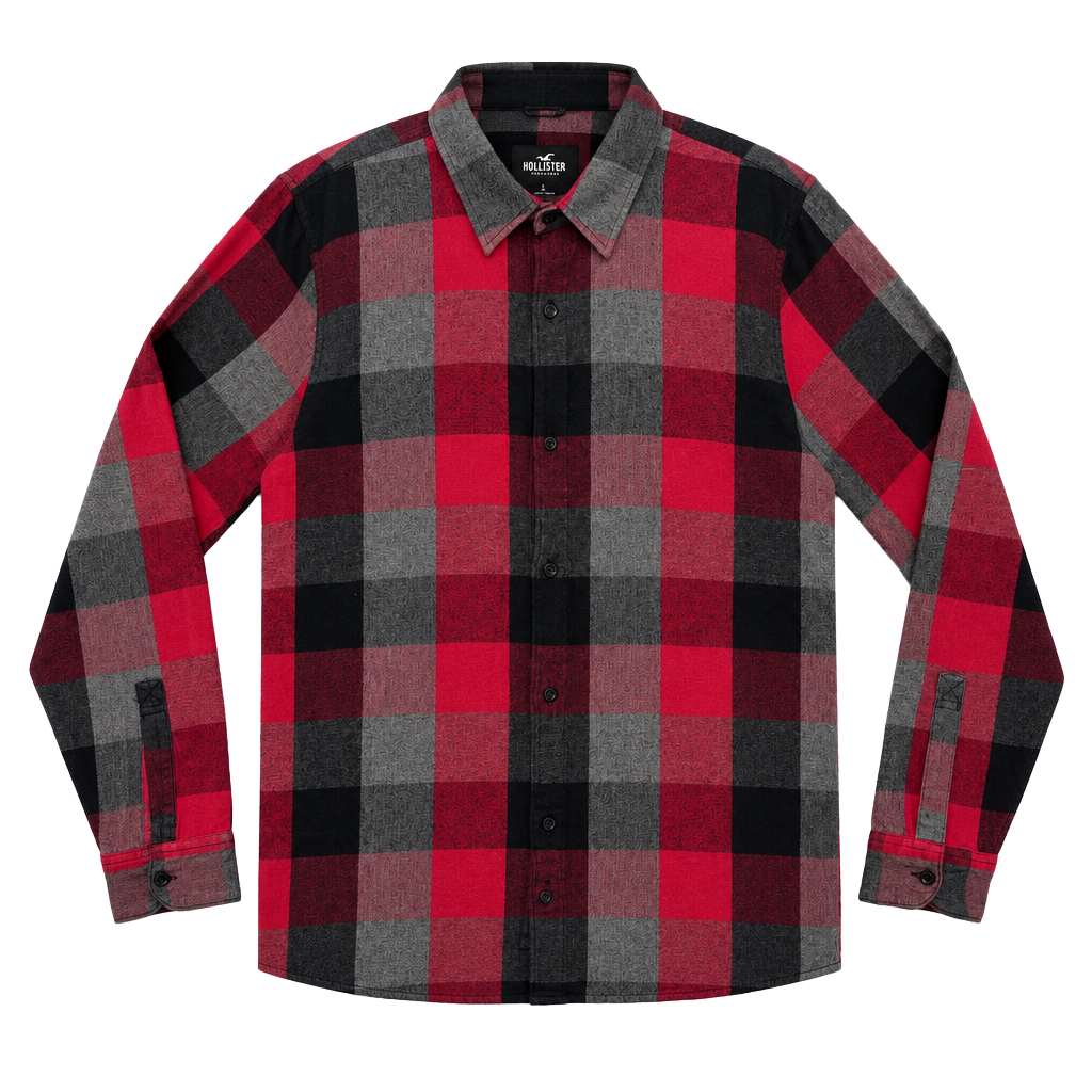 Hollister Plaid Flannel Shirt Size L Red Black Gray Hooded Button Up Long Sleeve 1