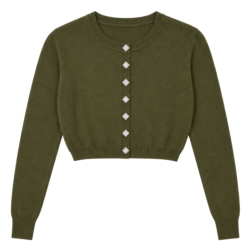 NWOT Anthro Nordstrom Endless Rose Cropped Cardigan Olive Rhinestone Buttons Small 1