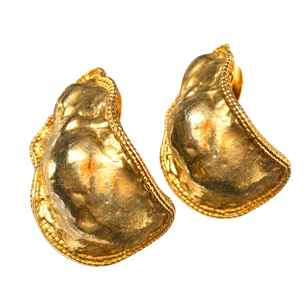 Vintage Gold Tone Textured Clip-On Earrings Chunky Statement 1