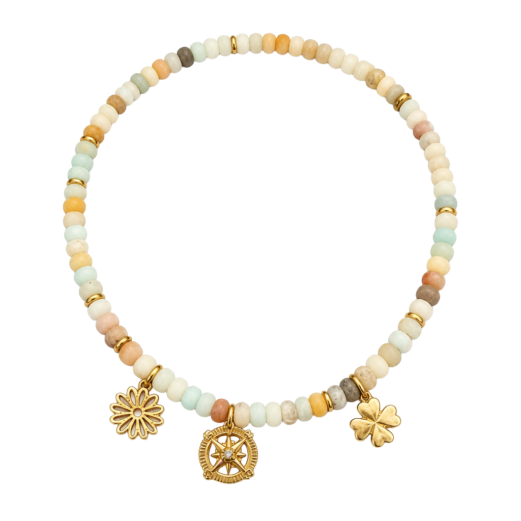 MAYAMAR 24K Gold Plated 8.5mm Amazonite Rondelle Bead Triple Charm Necklace 1
