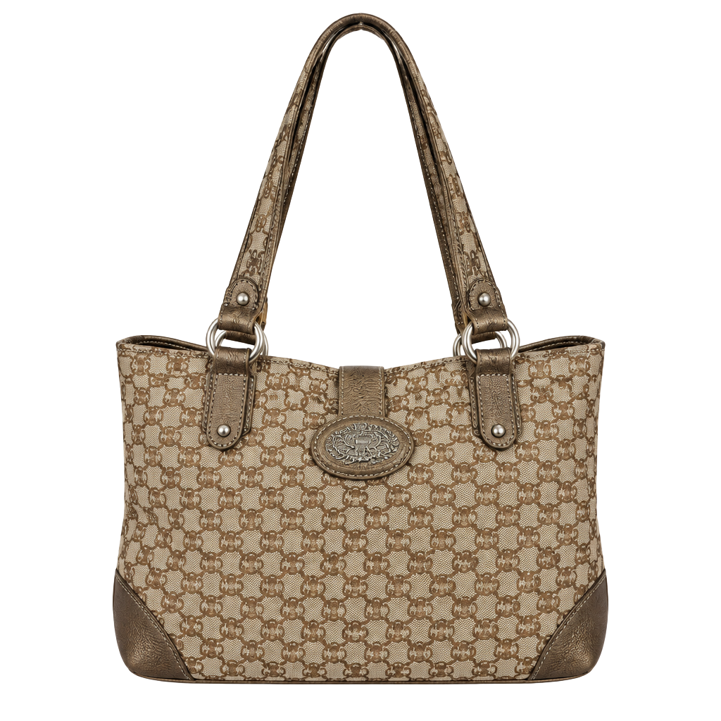 Guess Monogram Canvas Hobo Shoulder Bag Brown Tan Gold Hardware 1