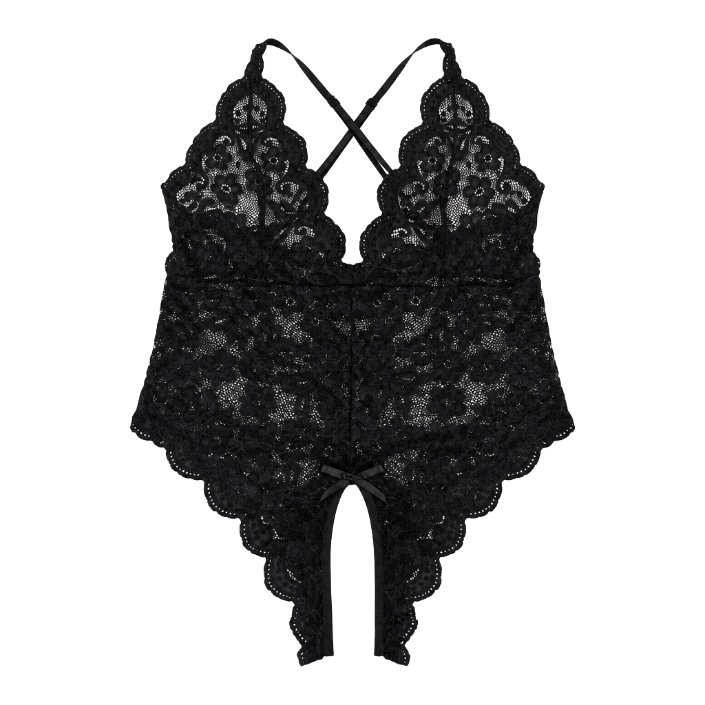 Romwe Floral Lace Scallop Trim Criss Cross Teddy Lingerie Black Size Large 1