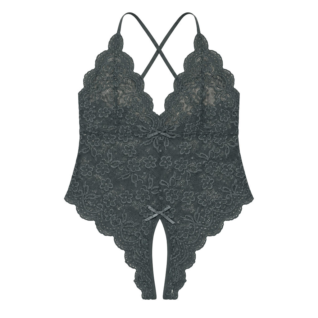 ROMWE Kawaii Floral Lace Scallop Trim Criss Cross Teddy Bodysuit Lingerie Grey 1