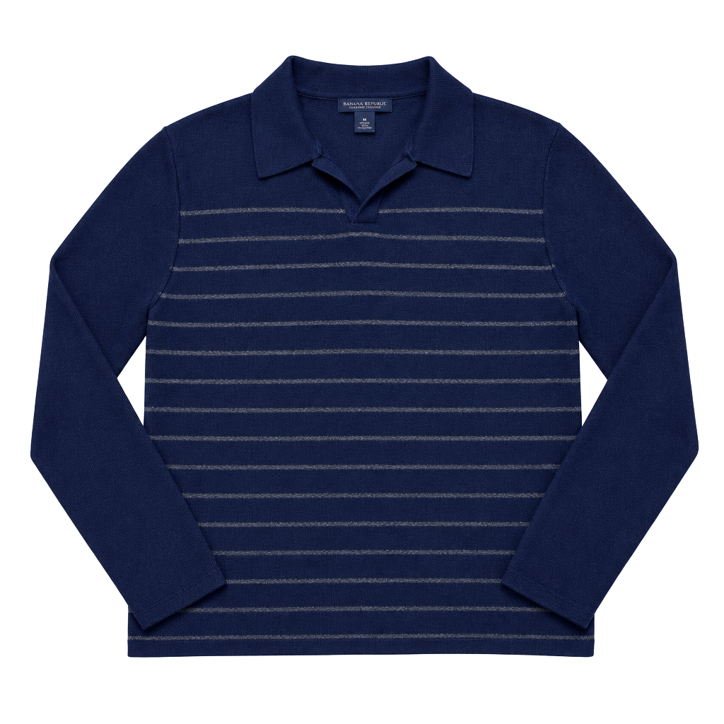 Banana Republic Polo Sweater Size L Blue Striped lambs wool/Cashmere 1