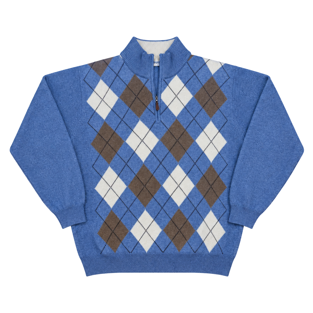 Gran Sasso Argyle Quarter Zip Sweater Blue Brown Size L 1