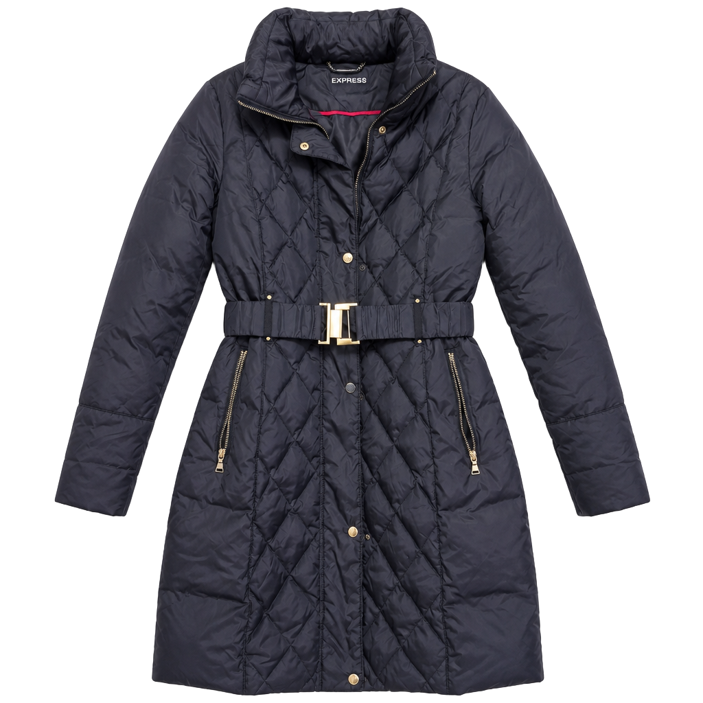 Express Black Quilted Puffer Jacket with Gold Belt and Hardware 1