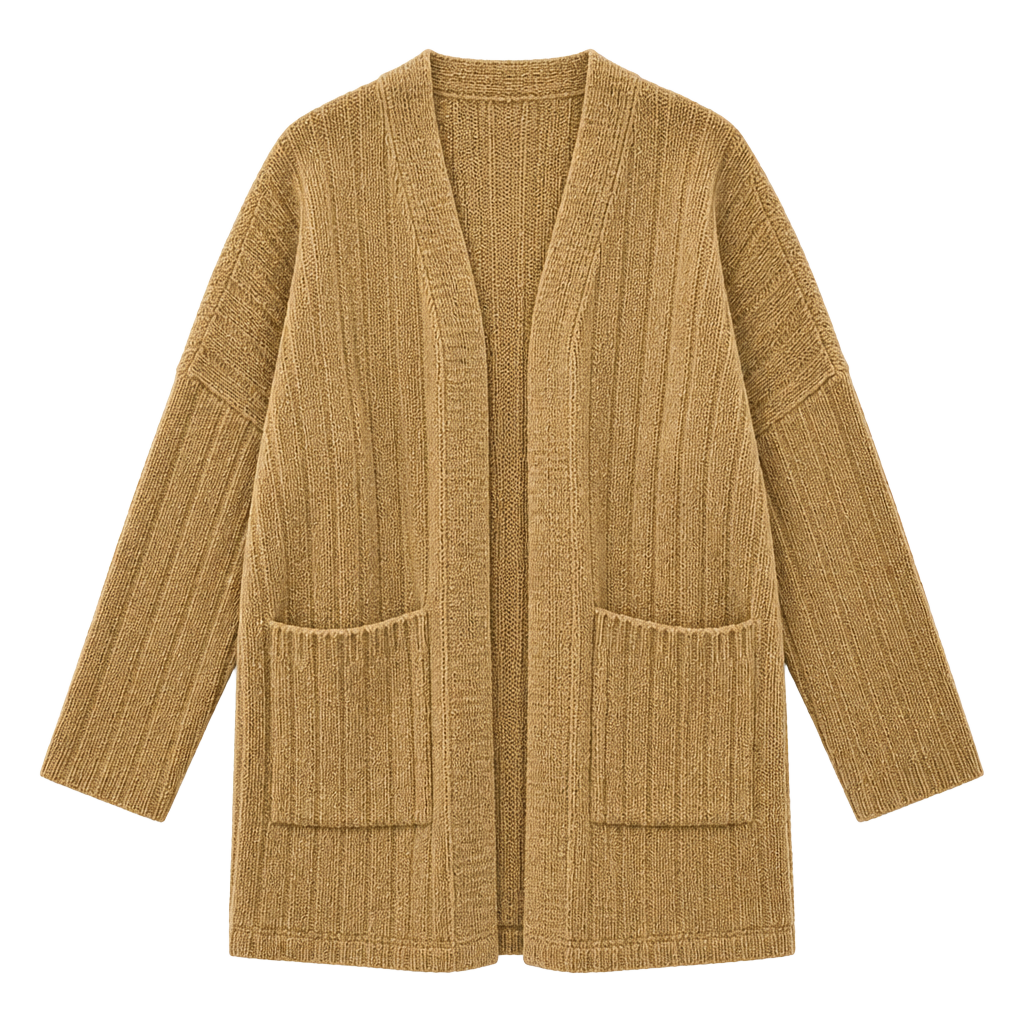 n.by n.coco Cardigan Sweater Camel Ribbed Open Front Pockets 1