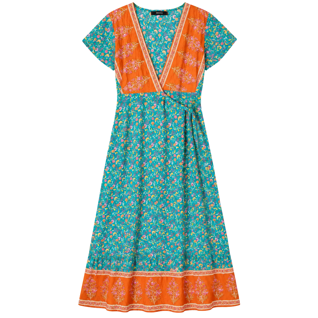 ZESICA Boho Floral Maxi Dress Size S Teal Orange Wrap V-Neck Short Sleeve 1