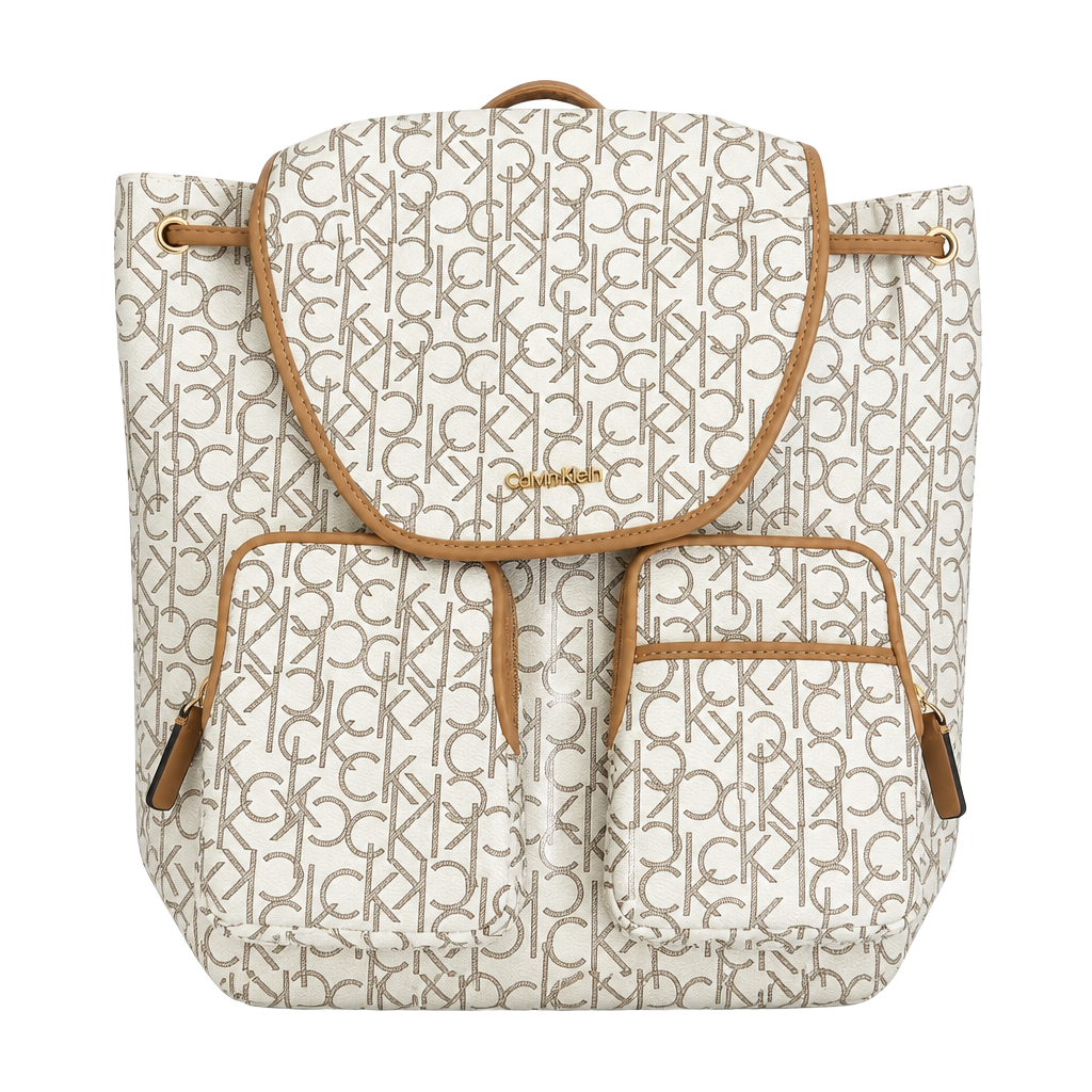 Calvin Klein Monogram Logo Backpack White Tan 1