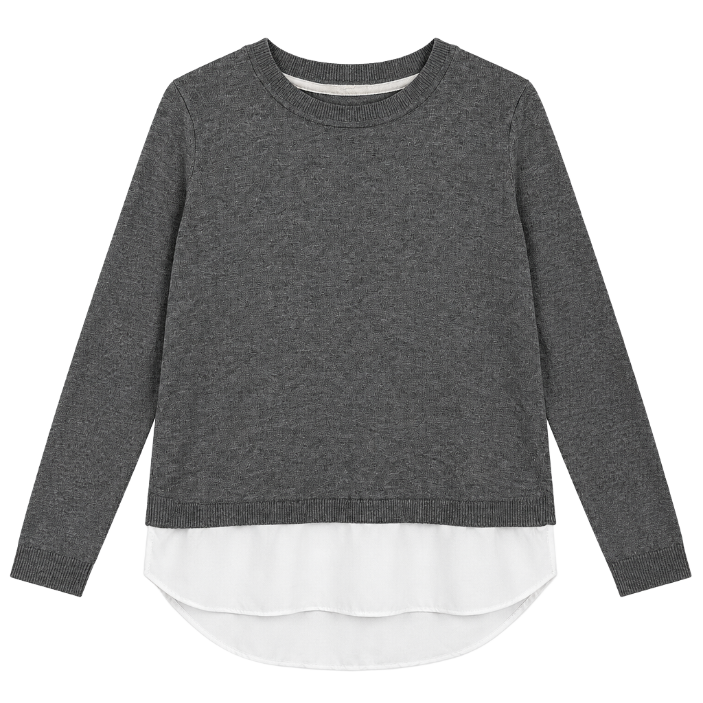 Loft Layered Sweater MP Gray White Mock Shirt Tail Open Back 1
