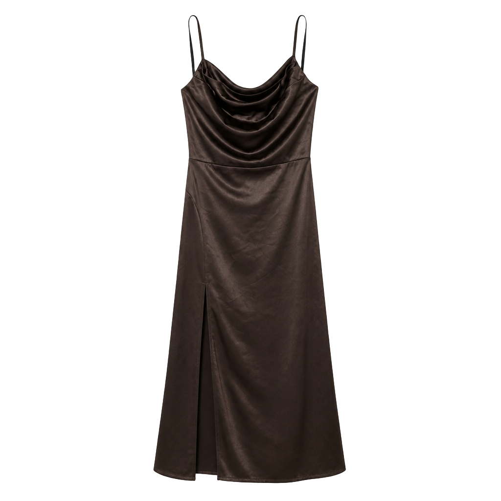 Liz & Sara Brown Satin Cowl Neck Spaghetti Strap Maxi Dress with Slit and Strappy Back 1