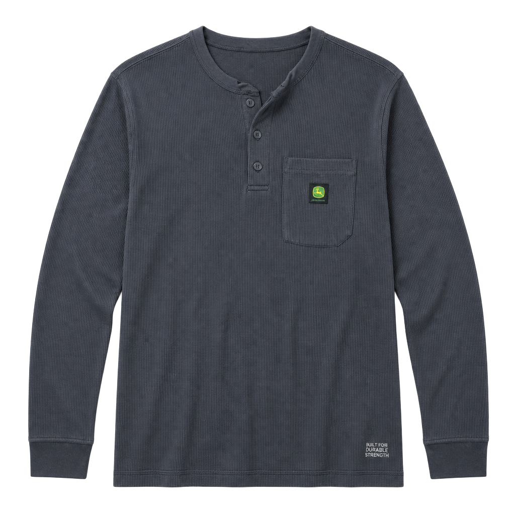 John Deere Henley Thermal Shirt Size M Dark Gray Long Sleeve Pocket 1