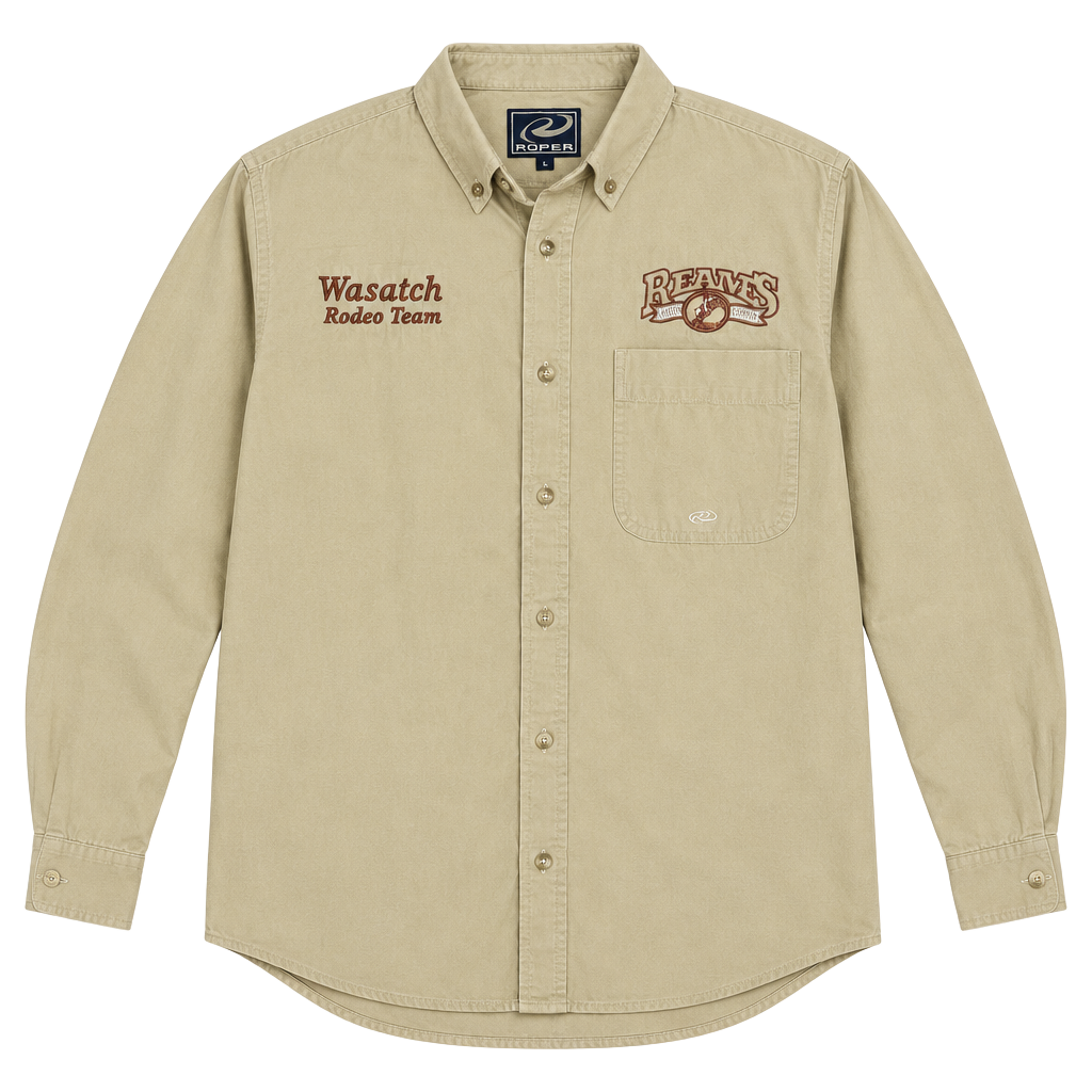 Roper Wasatch Rodeo Team Button Down Shirt Size M Tan Long Sleeve 1