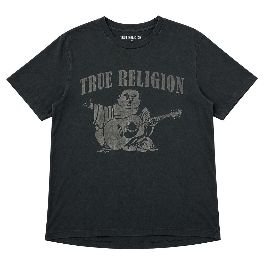 True Religion Buddha Guitar Black Short Sleeve Crew Neck T-Shirt Size M 1