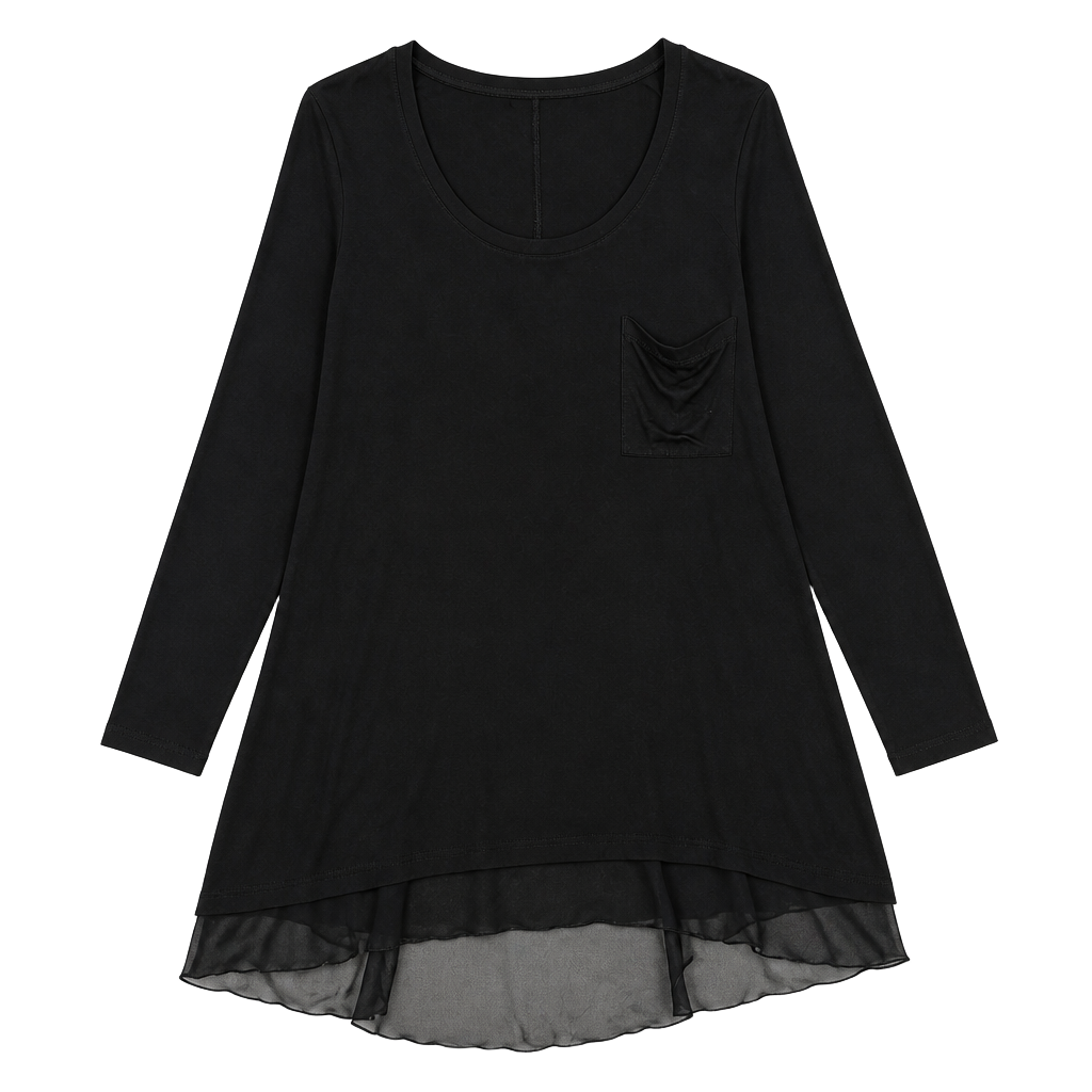 Philosophy Woman Republic Black Long Sleeve Tunic Top, Chiffon Mesh Hem & Pocket - Size 0X 1