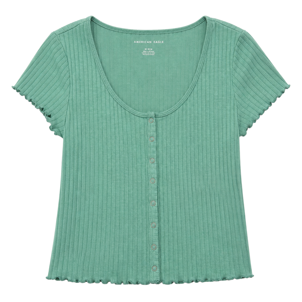 Y2K inspired American Eagle Green Ribbed Button Front Top | Lettuce Hem | Size M 1