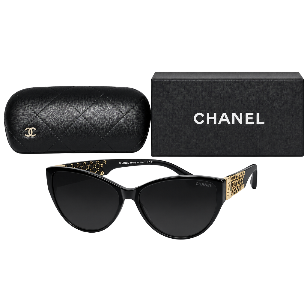 Chanel Cat-Eye Sunglasses Tortoise Chain Leather Gold CC Logo 1
