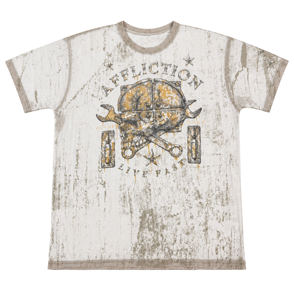 Affliction Graphic T-Shirt Size 2X-Large Off White Skull Wrench 1