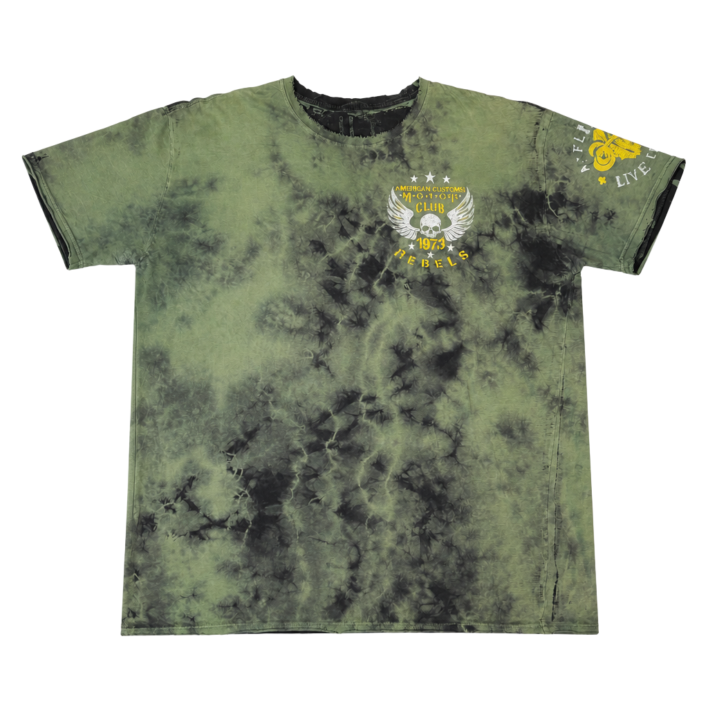 Affliction American Customs Motor Club T-Shirt Green Tie Dye Graphic Tee 1