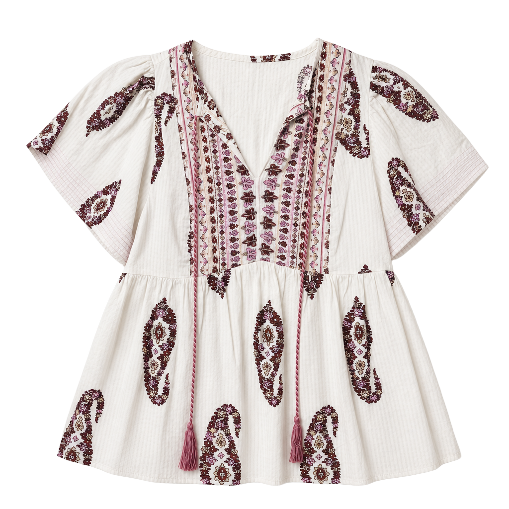 Knox Rose Women's Paisley Embroidered Babydoll Blouse with Tassels 1