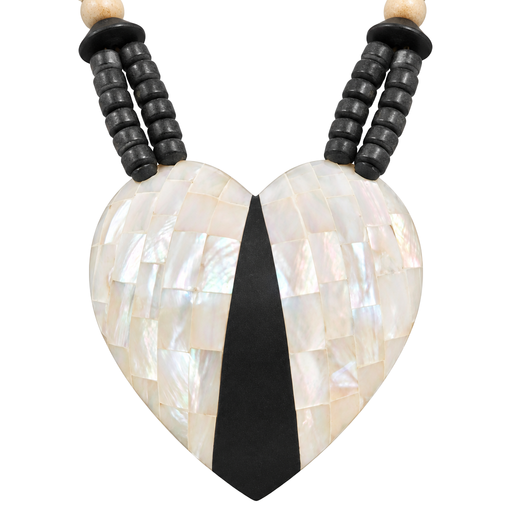 Vintage Mosaic Mother of Pearl Heart Pendant Wood Bead Statement Necklace 1