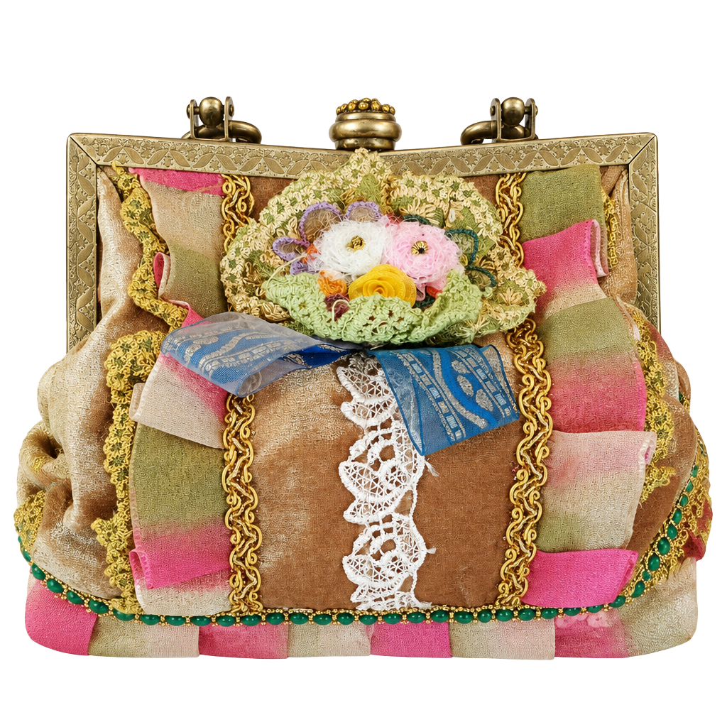 Vintage Mixed Media Velvet & Lace Kiss Lock Handbag 1