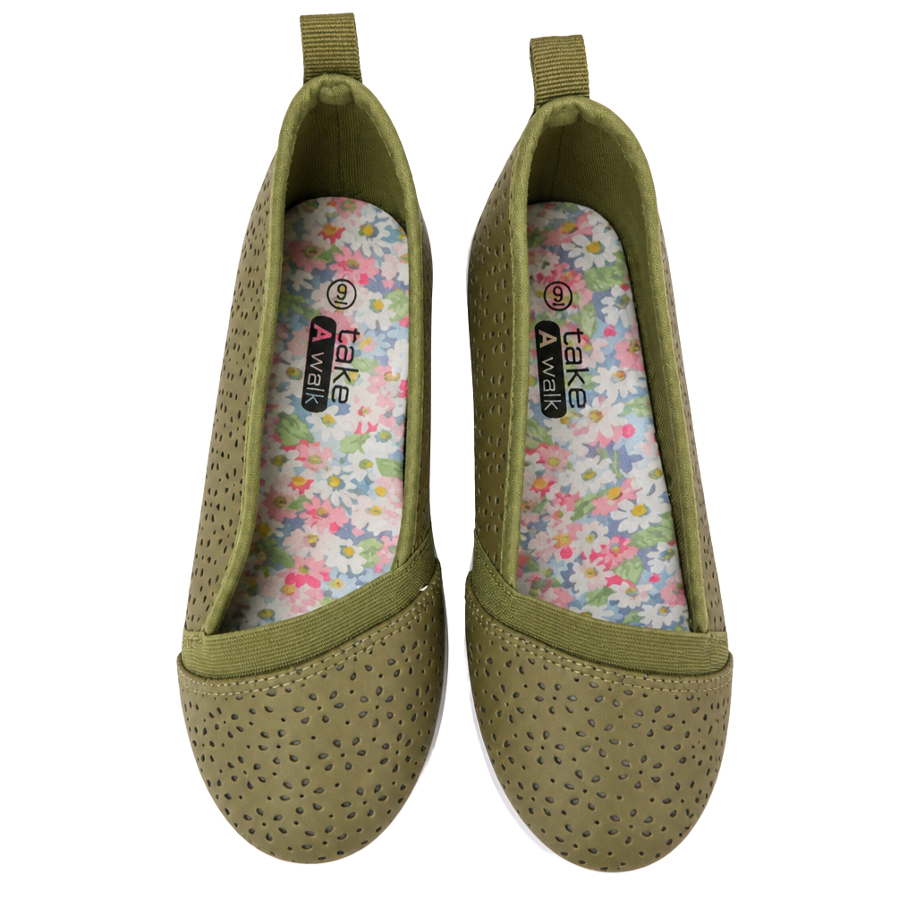 Take A Walk Olive Green Cutout Floral Slip-On Casual Flats Size 9 1