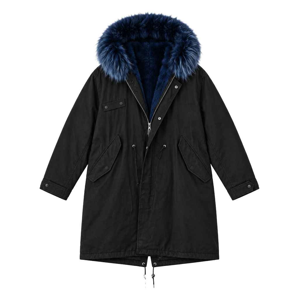 Fur Lined Parka Jacket Black Blue 1