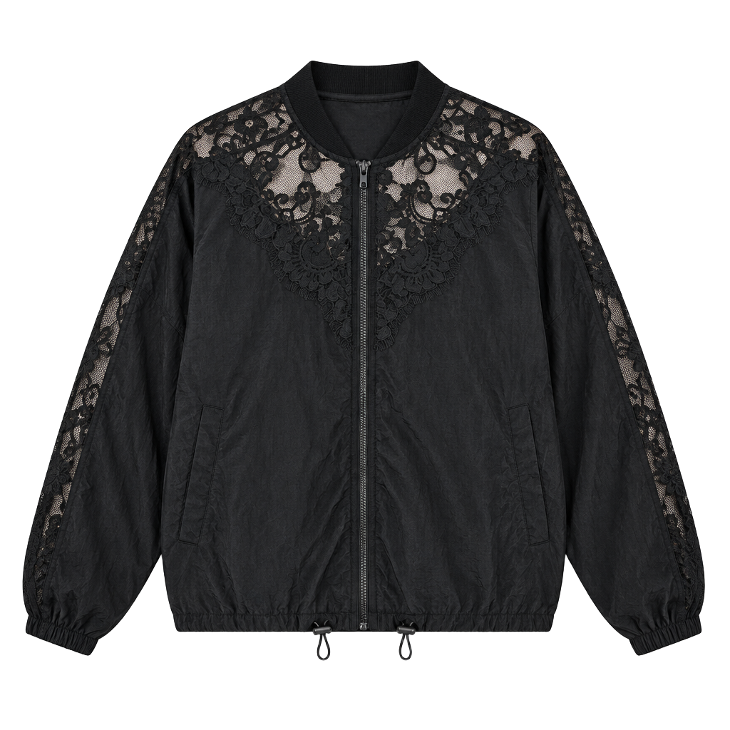 Zara Bomber Jacket Size XL Black Contrast Lace Trim Zip Up 1