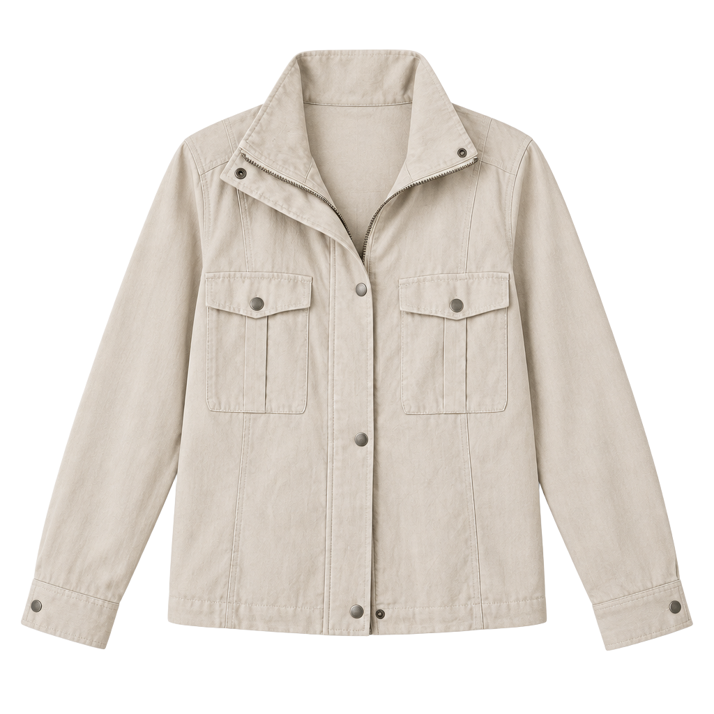 Korye Utility Jacket Size Med Beige Full Zip Mock Neck 1
