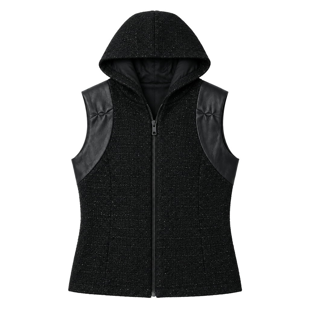 Alexis Tweed Hooded Vest Size M Black Leather Trim 1