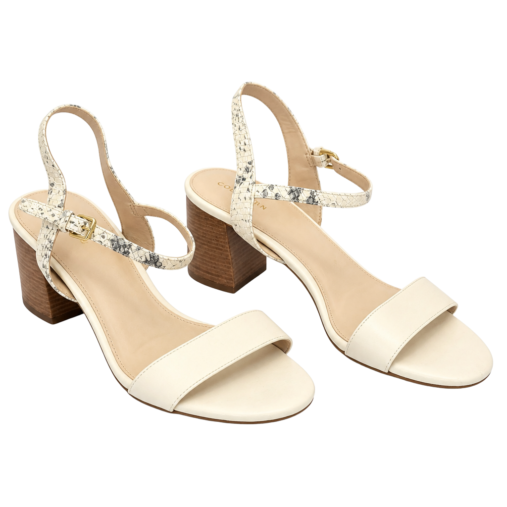 Cole Haan White Leather and Snakeskin Print Block Heel Sandals 1