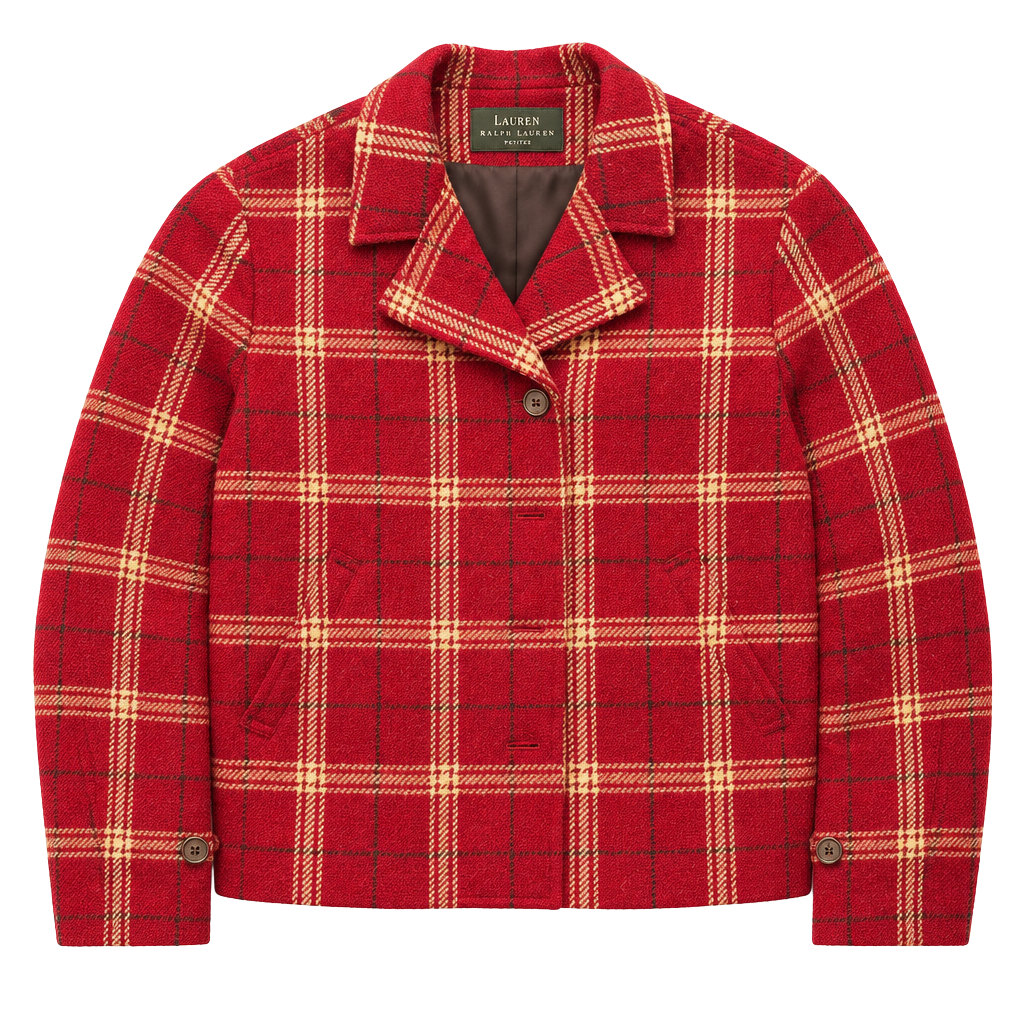 Vintage 90’s Lauren Ralph Lauren 100% Wool Plaid Blazer Size 8P Red Zip Button 1