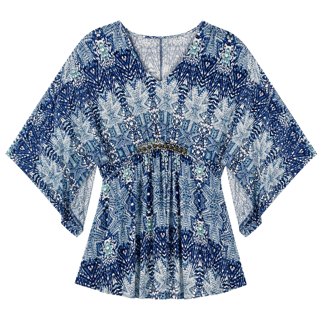 Kyle by Kyle Richards Blue Printed Beaded V-Neck Long Sleeve Maxi Dress Size L 1