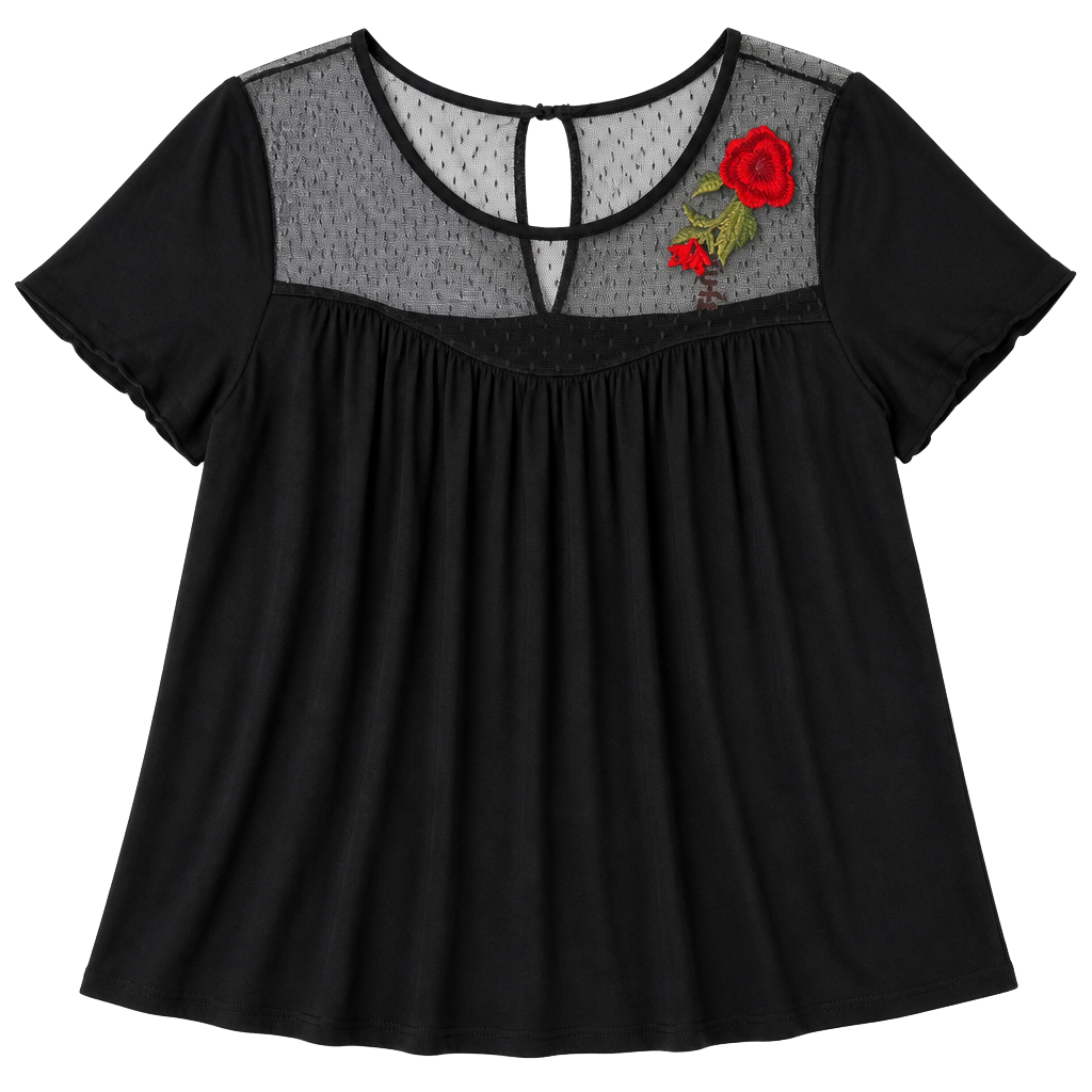 Pebble and Stone Black Sheer Mesh Yoke Floral Embroidered Short Sleeve Flowy Top 1