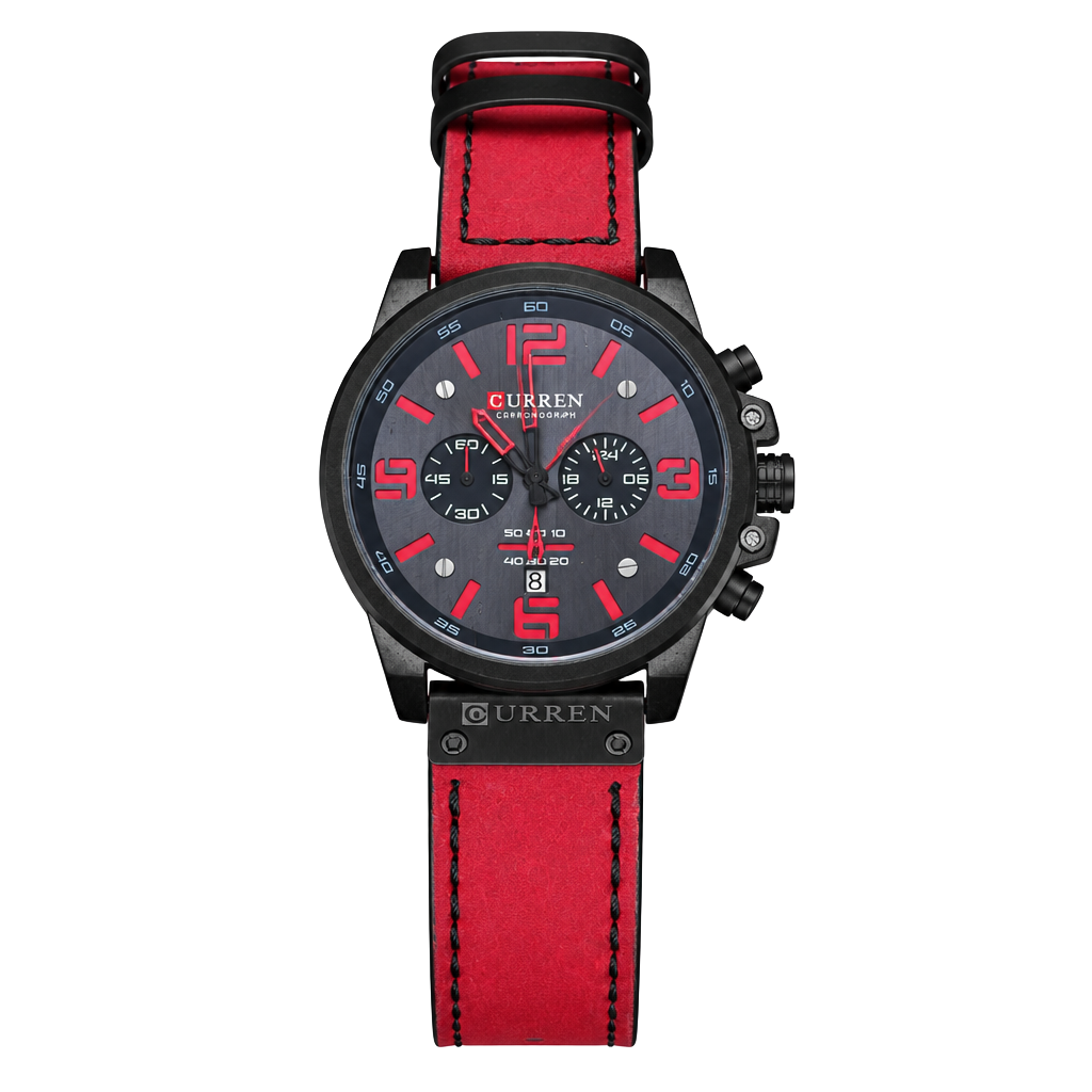 Curren M:8314 Chronograph Watch Black Red Leather Strap 1