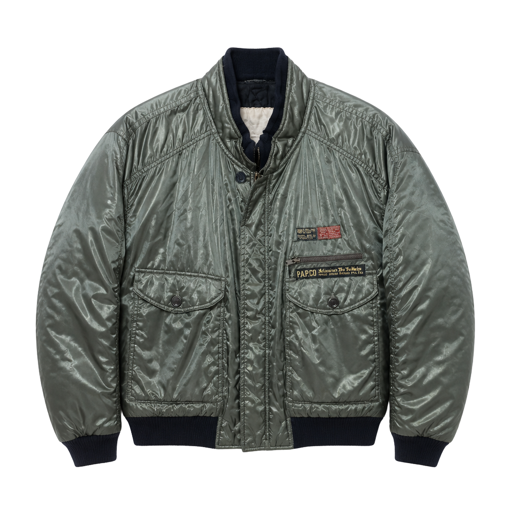 Vintage P.A.P.CO. Private Aviation Bomber Jacket Olive Green Iridescent Nylon 1