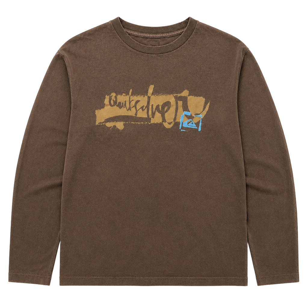Vintage Quiksilver Brown Long Sleeve Graphic Surf Logo T-Shirt 1