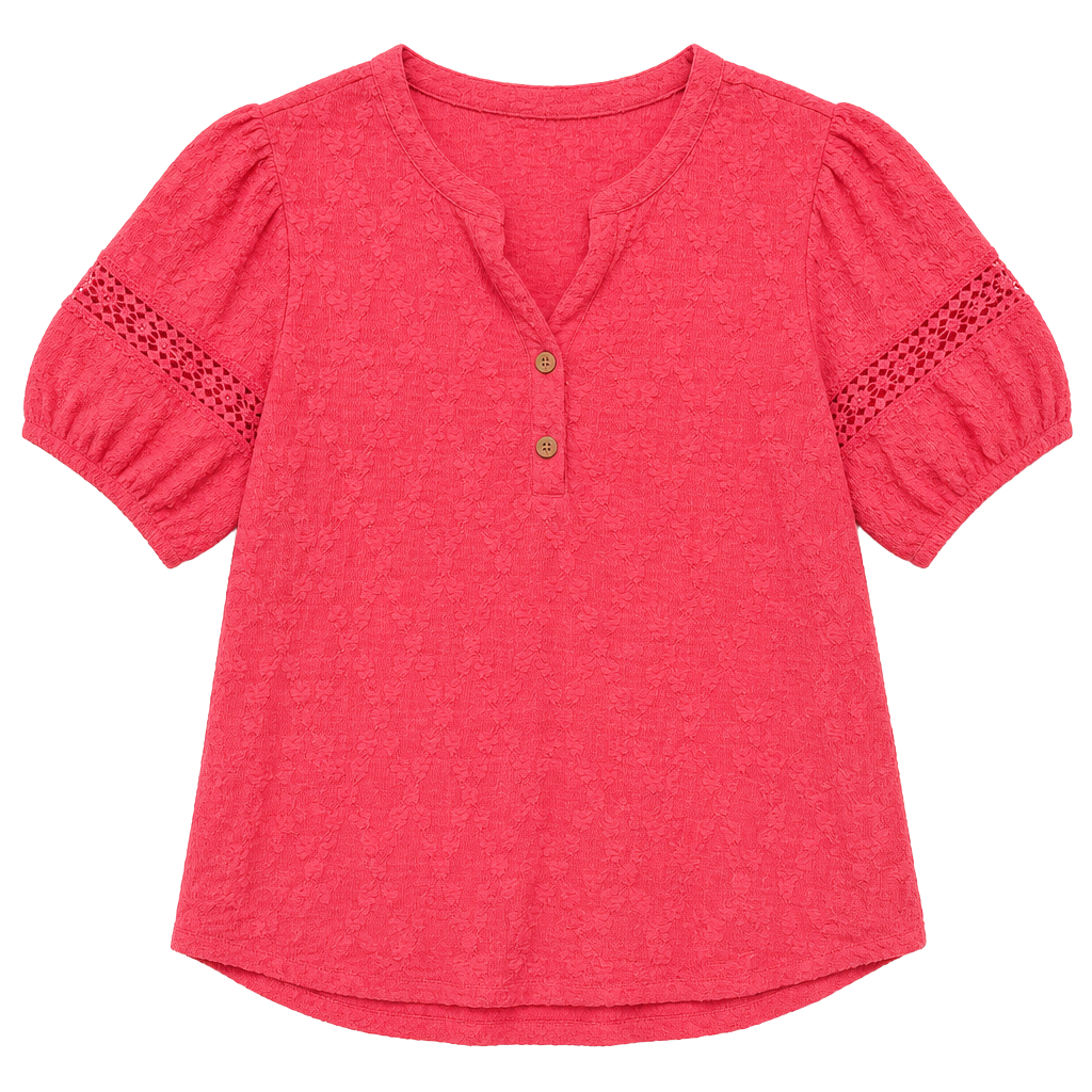 Como Blu Women's Pink Textured Short Puff Sleeve Henley Blouse Size PXL 1